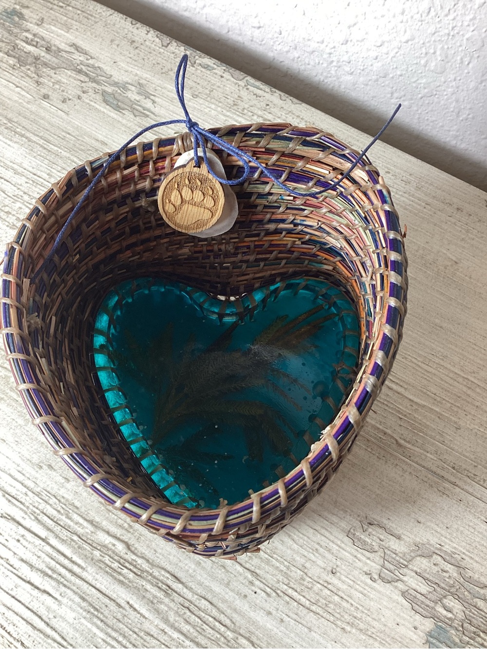Woven pine needle Heart Basket with Teal resin Insert